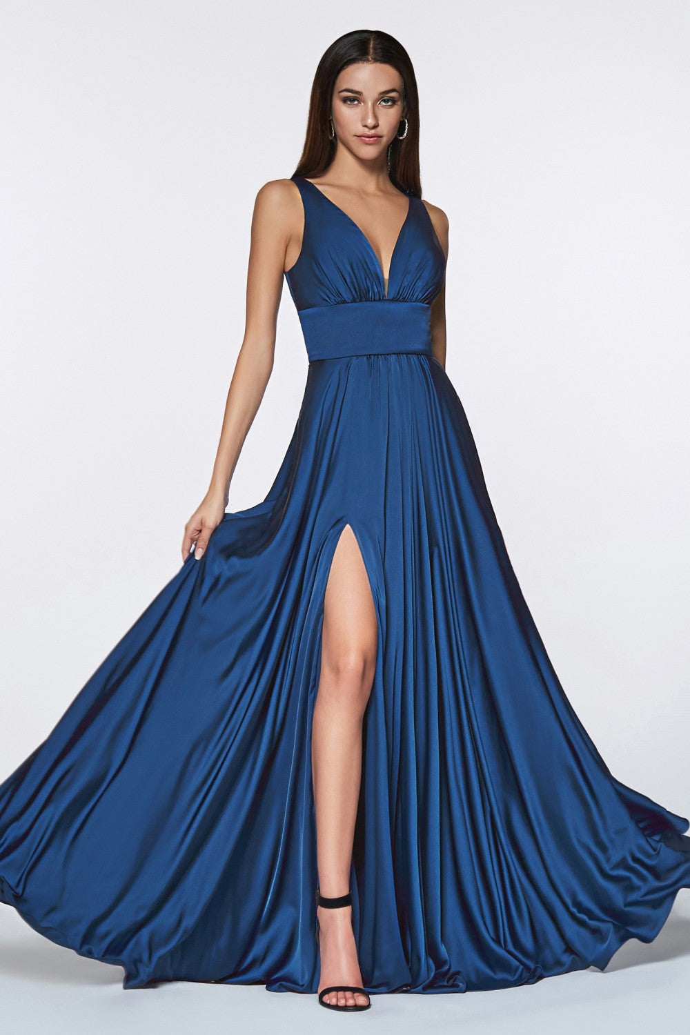 Elliot Satin V Neck Aline Skirt Bridesmaid Dress 7407469AR-Navy