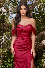 Load image into Gallery viewer, Dawn Bridesmaid Dress with Off the Shoulder Collar with Skirt Slit 7401050WR-Burgundy SAMPLE IN STORE
