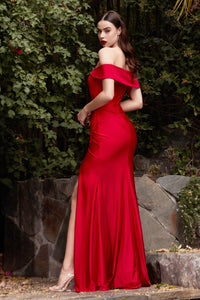 Dawn Bridesmaid Dress with Off the Shoulder Collar with Skirt Slit 7401050WR-Red