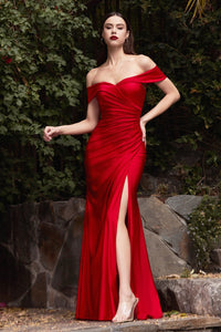 Dawn Bridesmaid Dress with Off the Shoulder Collar with Skirt Slit 7401050WR-Red