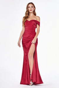Dawn Bridesmaid Dress with Off the Shoulder Collar with Skirt Slit 7401050WR-Burgundy