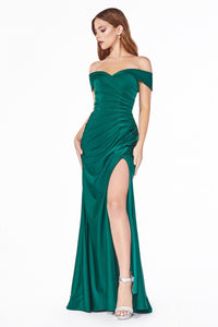 Dawn Bridesmaid Dress with Off the Shoulder Collar with Skirt Slit 7401050WR-Emerald