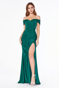 Dawn Bridesmaid Dress with Off the Shoulder Collar with Skirt Slit 7401050WR-Emerald