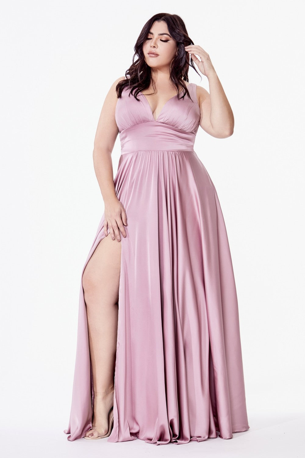 Elliot Satin V Neck Aline Skirt Bridesmaid Dress 7407469AR-DarkMauve