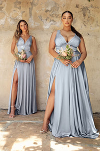 Elliot Satin V Neck Aline Skirt Bridesmaid Dress 7407469AR-ParisBlue