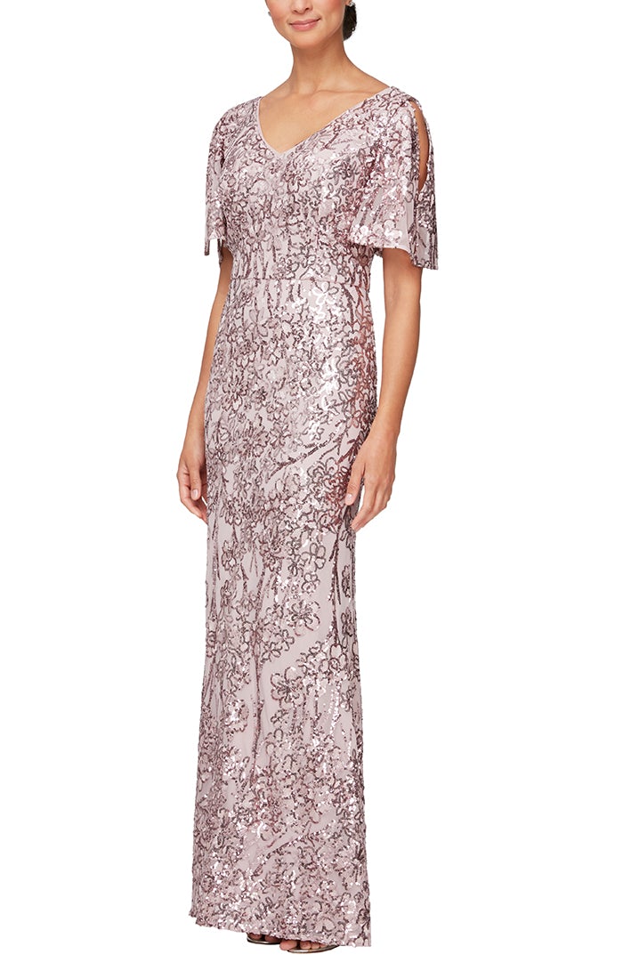 Garden Sequin Dress with Flutter Sleeve Mothers Dress 9408196611TIR-Blush SAMPLE IN STORE