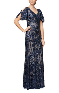 Garden Sequin Dress with Flutter Sleeve Mothers Dress 9408196611TIR-Navy-Nude