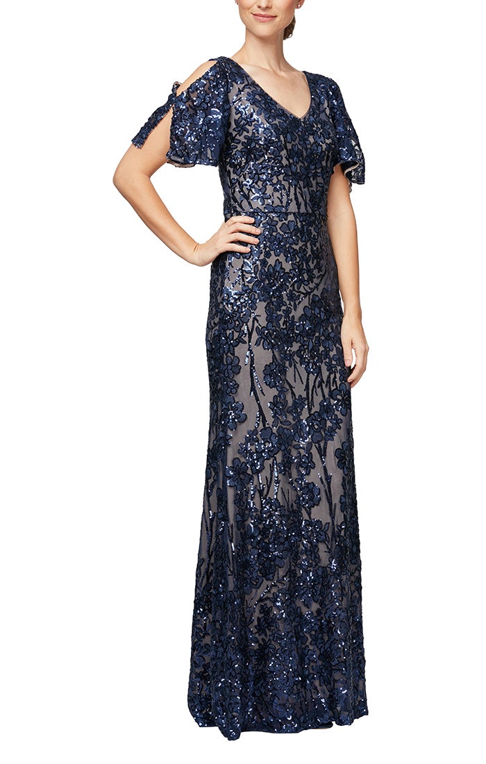 Garden Sequin Dress with Flutter Sleeve Mothers Dress 9408196611TIR-Navy-Nude