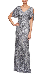 Garden Sequin Dress with Flutter Sleeve Mothers Dress 9408196611TIR-Silver SAMPLE IN STORE