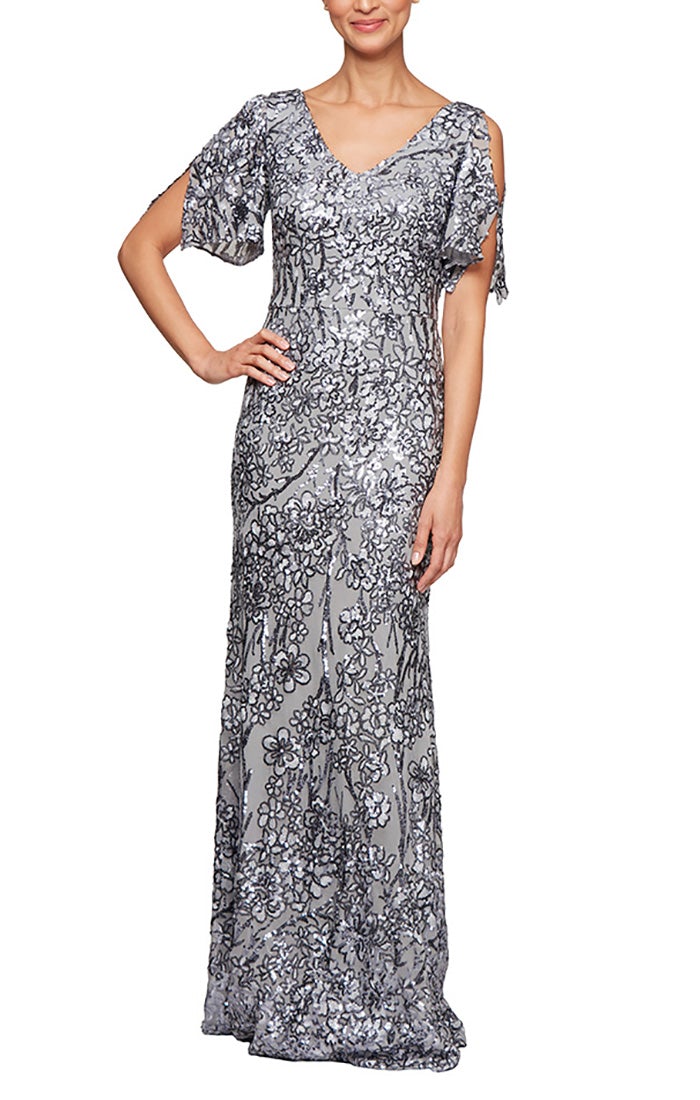 Garden Sequin Dress with Flutter Sleeve Mothers Dress 9408196611TIR-Silver SAMPLE IN STORE