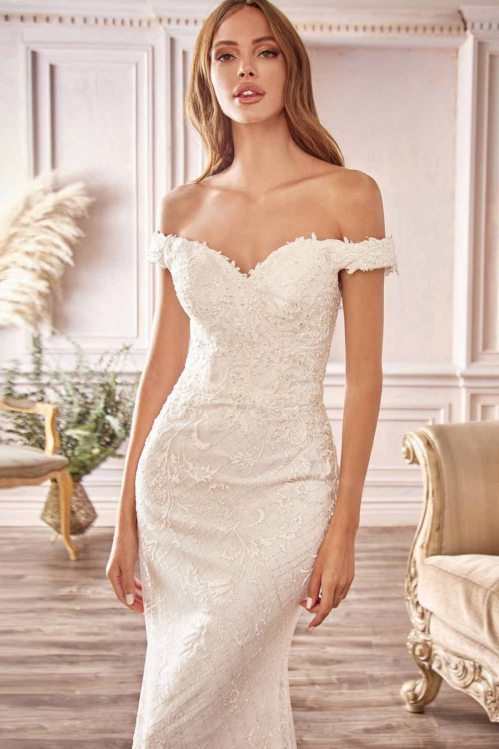 Hannah Wedding Dress Off Shoulder Column Gown 740929THR SAMPLE IN STORE