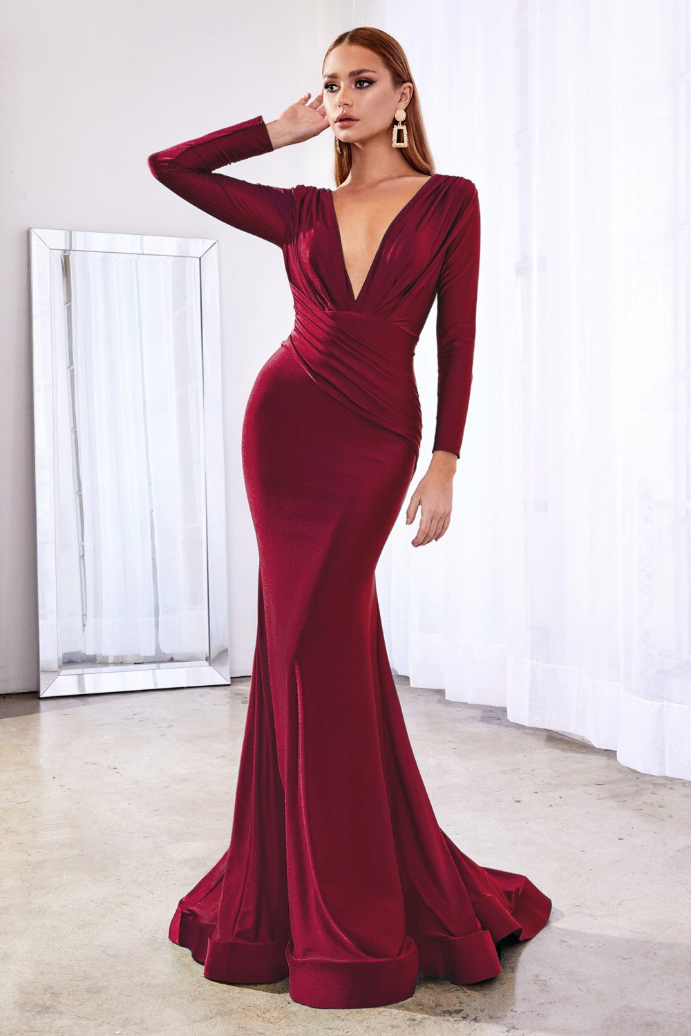 Hayley Long Sleeve Sexy Fitted Gown Bridesmaid Dress 740168AR-Burgundy SAMPLE IN STORE