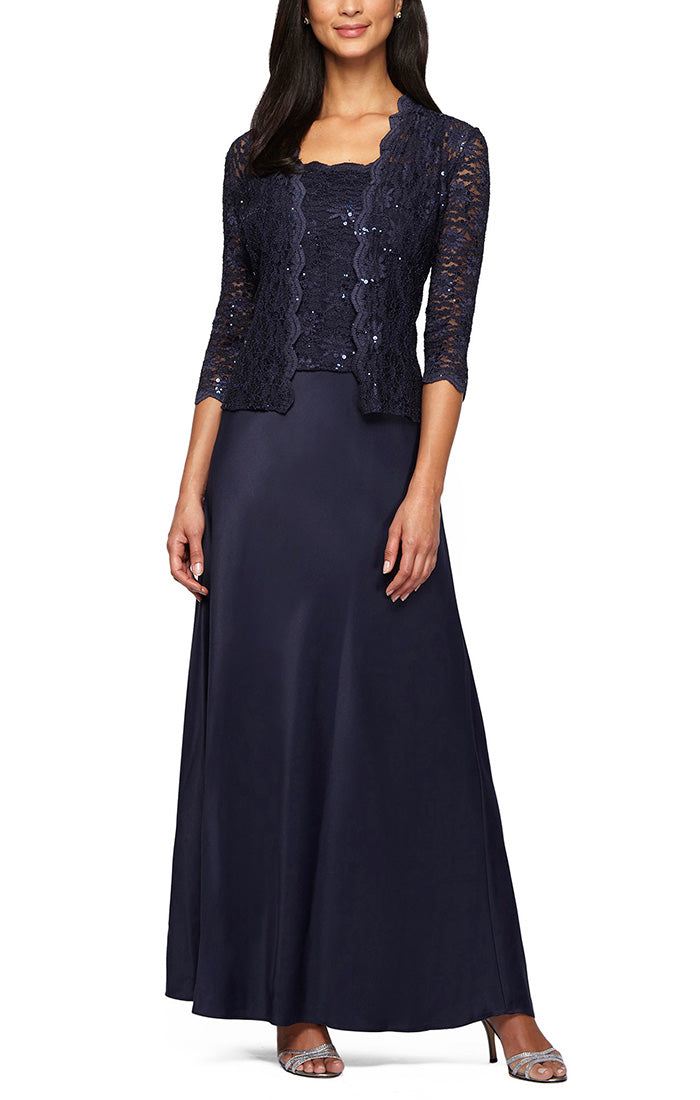 Jill Lace & Satin Gown with Scalloped Lace Jacket 9401121198TRW-Midnight Available in Plus and PetiteSizes  SAMPLE IN STORE