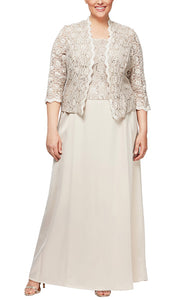 Jill Lace & Satin Gown with Scalloped Lace Jacket 9401121198TRW-Taupe SAMPLE IN STORE