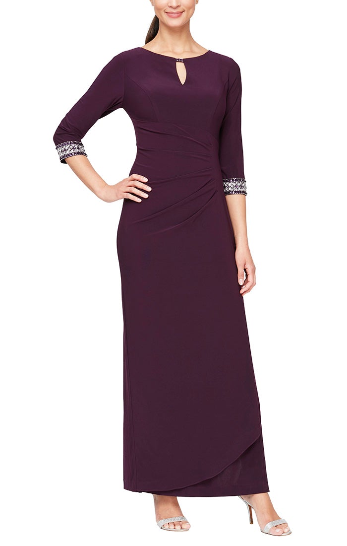 LeeAnne Formal Dress with 3/4 Beaded Cuff Sleeves Mothers Gown 9401351416TTR-Plum