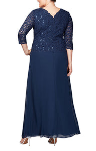 Lena Formal Dress Long Sleeve Lace Top Mothers Gown 940112318TRR-Navy Plus & Petite Sizes