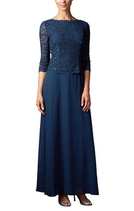 Lena Formal Dress Long Sleeve Lace Top Mothers Gown 940112318TRR-Navy Plus & Petite Sizes