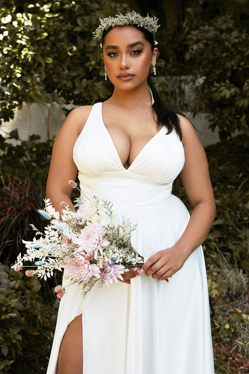 Beautiful bride in a white gown posing with jewelry and bouquet on Craiyon