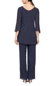 Susan Formal Pantsuit with Asymmetric Cascade Ruffle Blouse Mothers Gown 9408192004-Navy