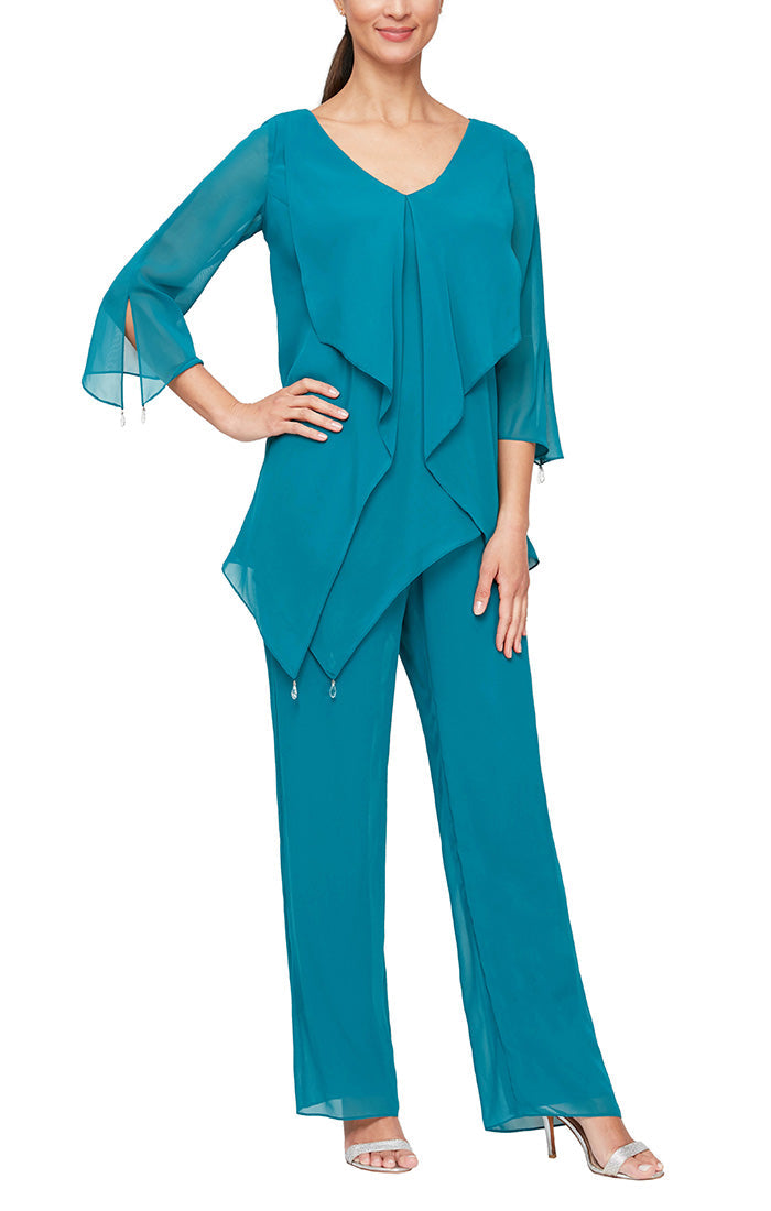 Susan Formal Pantsuit with Asymmetric Cascade Ruffle Blouse Mothers Gown 9408192004-Teal