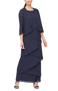 Joleen Formal Dress Long Tiered Dress with Jacket Mothers Gown 9408192001TIR-Navy